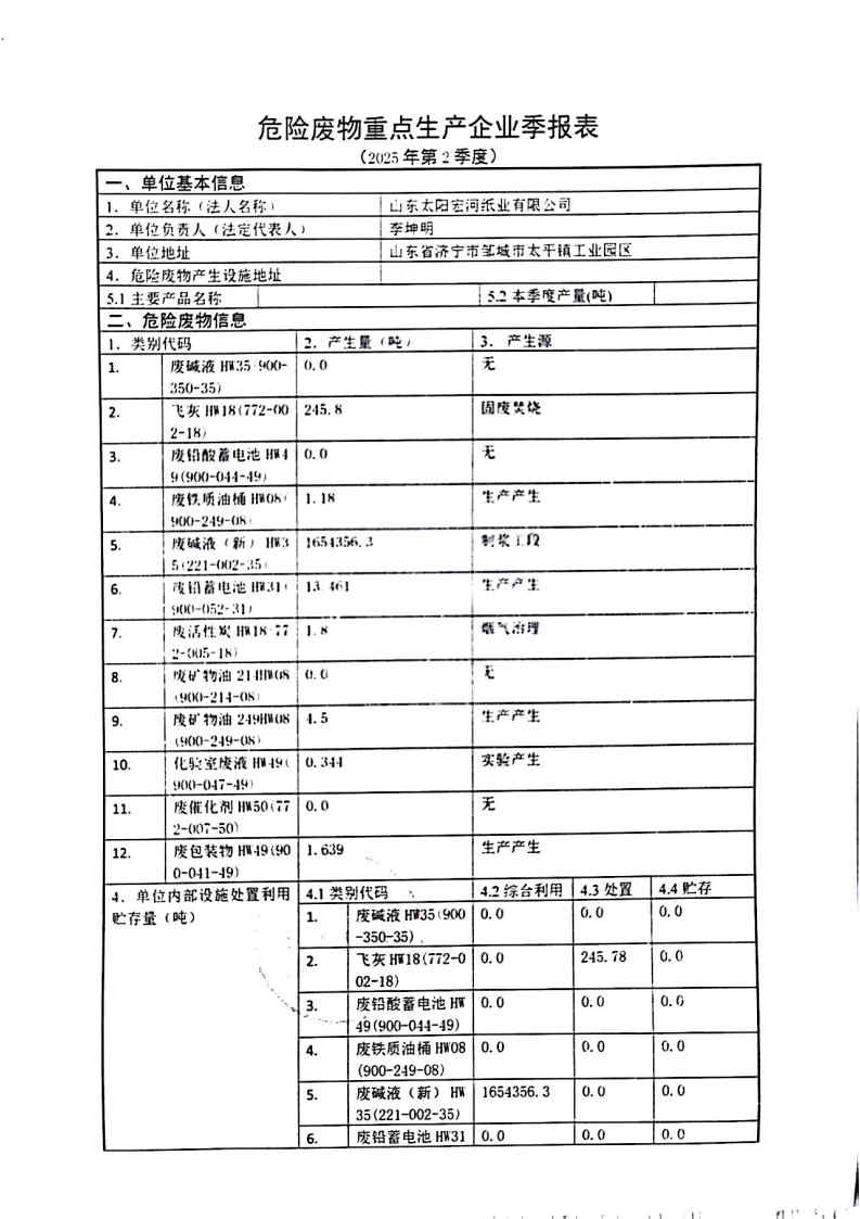 2025年乐竞体育官网登录入口宏河纸业危险废物第二季度报表_Page1.jpg